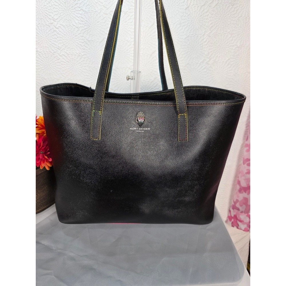 Kurt Geiger‎ London Richmond Shopper Tote Black Leather Rainbow Stitch Bag